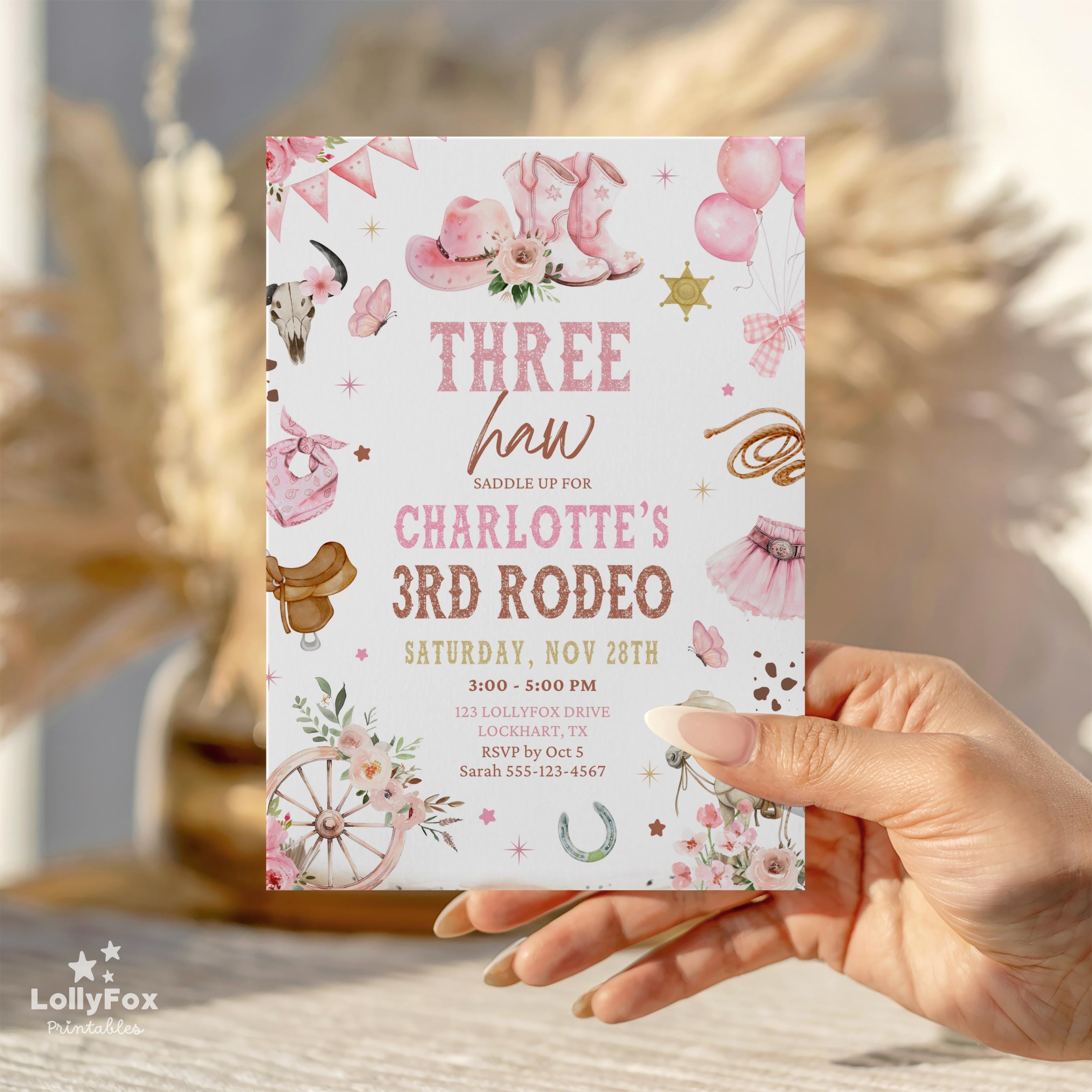 Editable 3rd Rodeo Invitation for Girl Cowgirl Birthday Invite Three ...