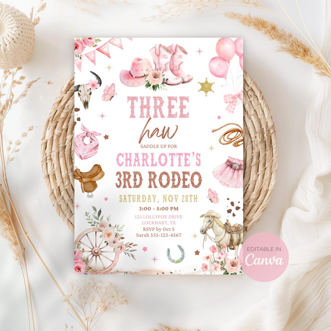 Editable 3rd Rodeo Invitation for Girl Cowgirl Birthday Invite Three ...