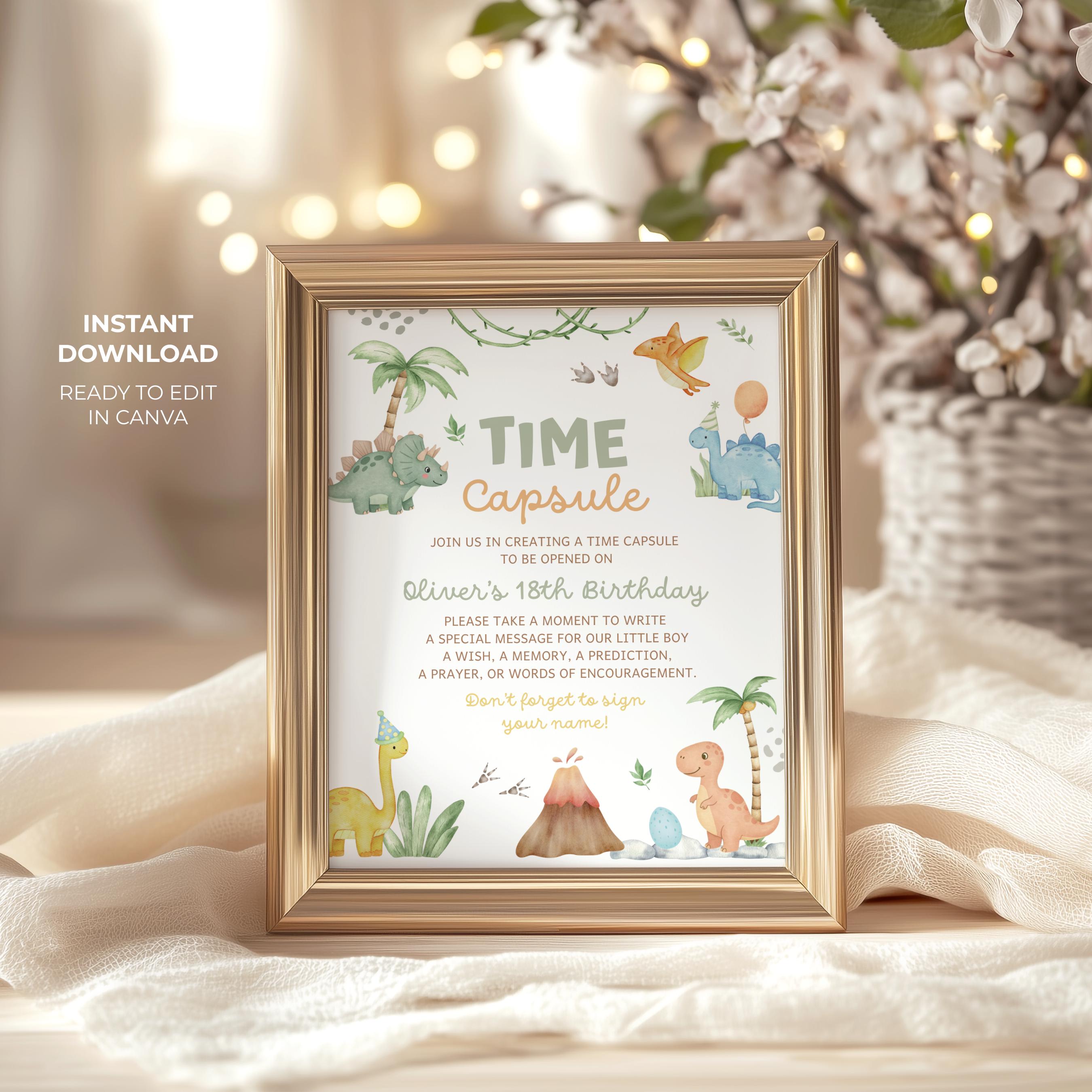 Dinosaur Time Capsule Sign & Card, Editable Boy First Birthday Party ...