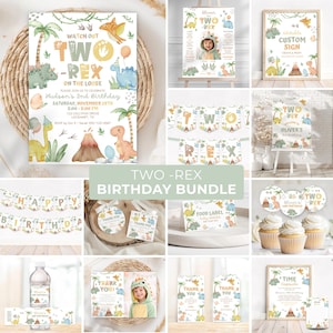 Dinosaur Two-Rex Invitation Bundle, Boy 2nd Birthday Dino Party Set, Editable Canva Decor DB01