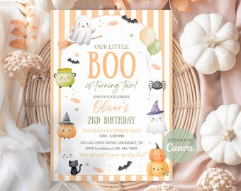 May include: Halloween-themed invitation with orange and white stripes. The text reads "Our Little Boo is turning two!" with details for Oliver's 2nd birthday. Includes illustrations of ghosts, pumpkins, bats, and a spider. The invitation is editable in Canva.