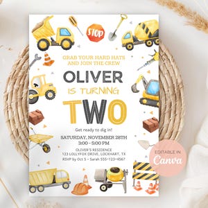 May include: A construction-themed birthday invitation featuring yellow trucks, tools, and the text "OLIVER IS TURNING TWO." The invitation includes event details and is editable in Canva.