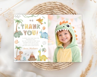Dinosaur Party Photo Thank You Card, Boy Birthday Party, Editable Canva, Digital Download DB01