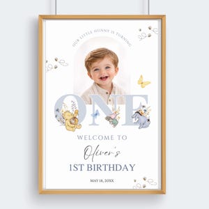 Classic Winnie the Pooh First Birthday Welcome Sign, Blue Boy Party Decor, Editable Canva WP04 image 2