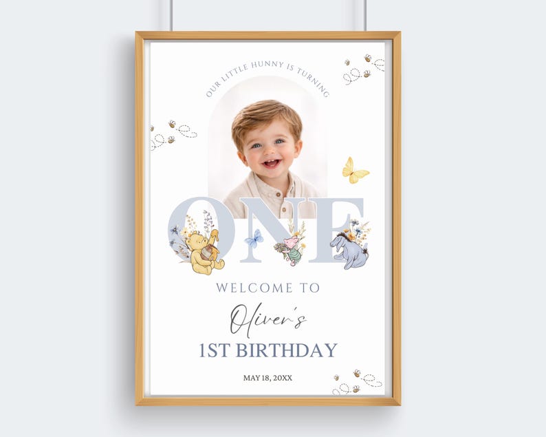 Classic Winnie the Pooh First Birthday Welcome Sign, Blue Boy Party Decor, Editable Canva WP04 image 2