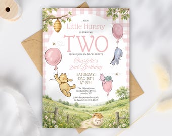 Uitnodiging voor een meisje met Winnie de Pooh-thema voor haar tweede verjaardag, roze ballonnen, 'Little Hunny', bewerkbaar Canva WP18-bestand