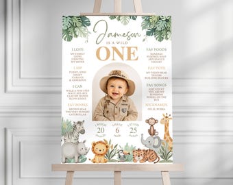 Editable Safari Milestone Photo Sign, Wild One 1st Birthday Party Decor, Jungle Poster SA01