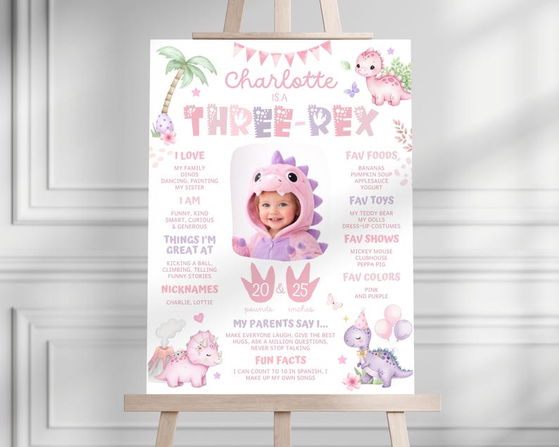 Puede incluir: Un cartel de cumplea&ntilde;os rosa y morado con el texto Charlotte is a Three-Rex, una foto de un ni&ntilde;o con disfraz de dinosaurio, ilustraciones de dinosaurios y datos personales que incluyen 9,07 kg y 63,5 cm.
