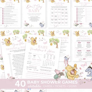 Puede incluir: Una colección de tarjetas de juegos para baby shower imprimibles con personajes de Winnie the Pooh, incluyendo Baby Family Feud, Don't Say Baby, Bingo, The Price is Right, Guess Who y Baby Predictions and Advice, decoradas con acentos florales.