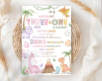 May include: A whimsical invitation with a dinosaur theme. The text reads "Watch Out Three & One A-Saurus" with details for a party. The design includes illustrations of dinosaurs, palm trees, and eggs, all in soft pastel colors.