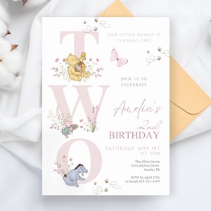Girl Winnie 2nd Birthday Invitation, Little Hunny turning Two, Boho Floral, Editable Canva WP03