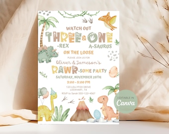 Invitación de cumpleaños conjunta editable con dinosaurios, para niños (One-a-Saurus y Three-Rex), 1.º y 3.º cumpleaños, fiesta de hermanos DB01