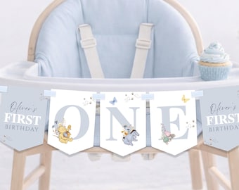 Blue Classic Winnie High Chair One Banner, Boy Party Decor, Editable Bunting Flags WP04
