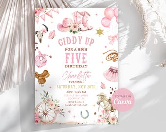 Bewerkbare cowgirl uitnodiging 5e verjaardagsfeestje, western rodeo meisje thema, high five, digitaal FR01