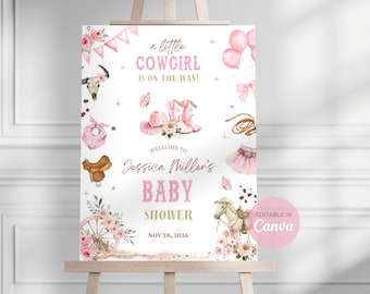 Edytowalny znak powitalny na baby shower dla dziewczynki w stylu kowbojki. Mała kowbojka w drodze. Znak powitalny na baby shower w stylu western dla dziewczynki. Wystrój Canva. Pobierz FR01.