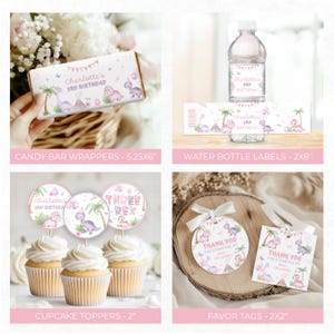 Puede incluir: Una colecci&oacute;n de art&iacute;culos para fiestas con ilustraciones de dinosaurios rosas, que incluye envoltorios para barras de chocolate, etiquetas para botellas de agua, adornos para cupcakes y etiquetas de regalo.