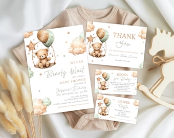 Bearly Wait Baby Shower Invitation Bundle, Gender Neutral Bear, Sage Green, Editable Canva TB02