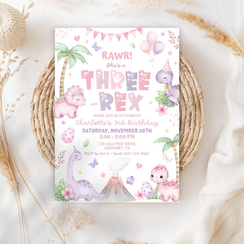 May include: A party invitation with a dinosaur theme. The invitation features the text "RAWR! She's a THREE-REX" with illustrations of dinosaurs, palm trees, and balloons. The invitation also includes the party details: date, time, and location.
