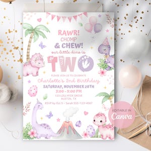 May include: A pastel-colored birthday invitation with dinosaur illustrations. The invitation features the text "RAWR! CHOMP & CHEW! our little dino is TWO." Additional text includes party details and "Charlotte's 2nd Birthday." The design includes palm trees, balloons, and butterflies.