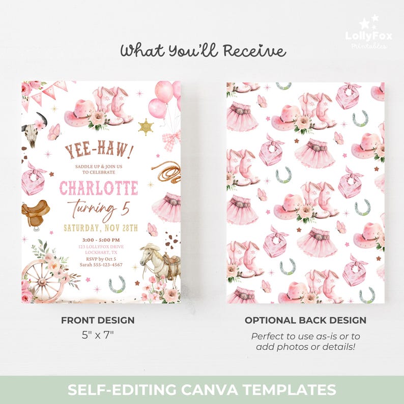 Puede incluir: Dise&ntilde;o de invitaci&oacute;n rosa y blanco con tem&aacute;tica de vaquera. El dise&ntilde;o frontal presenta el texto "Yee-Haw!" y "Charlotte Turning 5". El dise&ntilde;o posterior tiene un patr&oacute;n repetido de botas, sombreros y faldas. La invitaci&oacute;n mide 12,7 cm x 17,8 cm.