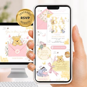 May include: A digital baby shower invitation template displayed on a smartphone and computer screen, featuring Winnie the Pooh characters, floral accents, and honeycomb patterns. The text includes Baby Shower, Jessica Miller, and RSVP details.