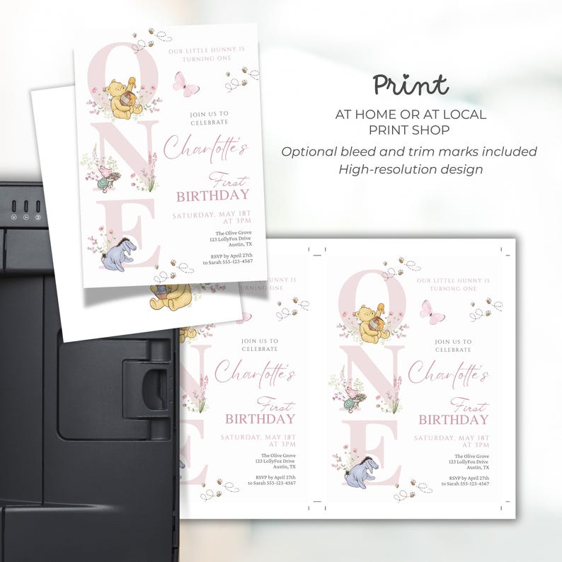 May include: A stack of printed invitations for a first birthday party. The design features a large pink "ONE" with Winnie the Pooh characters, flowers, and butterflies. The text reads "Charlotte's First Birthday" with event details. The invitations are designed for home or local print shop use.