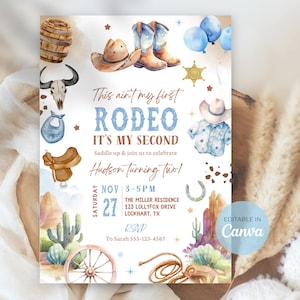 Könnte beinhalten: Eine Einladung im Aquarellstil mit Rodeo-Thema. Der Text lautet "This ain't my first RODEO, It's my second." Dekorative Elemente sind Cowboy-Stiefel, ein Hut, ein Sattel und ein Hufeisen. Die Einladung ist für Hudsons zweiten Geburtstag mit Veranstaltungsdetails.