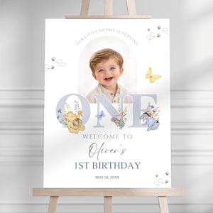 Classic Winnie the Pooh First Birthday Welcome Sign, Blue Boy Party Decor, Editable Canva WP04 image 1