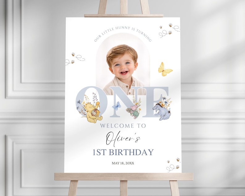 Classic Winnie the Pooh First Birthday Welcome Sign, Blue Boy Party Decor, Editable Canva WP04 image 1