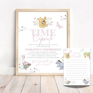 Letrero y tarjeta de cápsula del tiempo para primer cumpleaños de Winnie the Pooh, decoración editable para fiesta de niña WP03