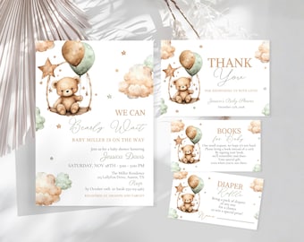 Bearly Wait Baby Shower Bundle, Gender Neutral Bear, Sage Green, Editable Canva TB02