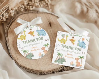 Etiqueta de regalo de dinosaurio editable, etiqueta de agradecimiento de cumpleaños redonda y cuadrada, decoración imprimible para niño DB01