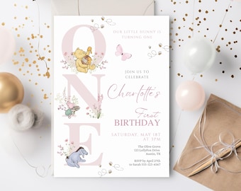Mädchen Winnie zum ersten Geburtstagseinladung, kleine Hunny drehte sich ein, Boho Floral, bearbeitbare Canva AP03