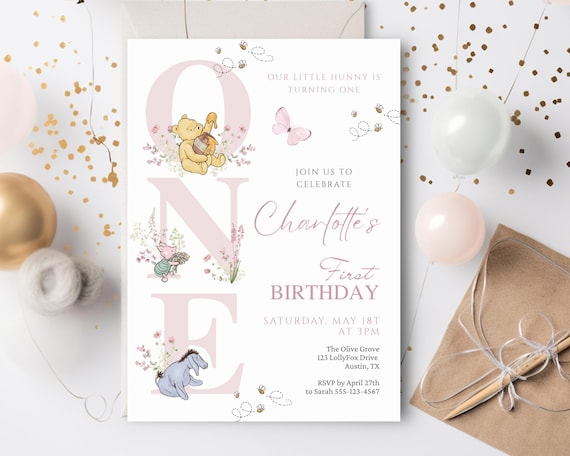 Girl Winnie First Birthday Invitation, Little Hunny turning One, Boho Floral, Editable Canva WP03