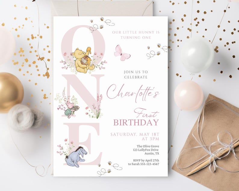 May include: A custom invitation for a first birthday celebration. The design features the word "ONE" with Winnie the Pooh characters and floral accents. The invitation includes the text "Our Little Hunny is Turning One" and event details.