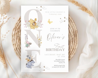 Classic Winnie First Birthday Invitation, Little Hunny turning One, Boho Floral, Editable Canva WP02