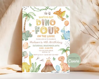 Dinosaurus 4e verjaardagsuitnodiging dinosaurus 4e verjaardagsuitnodiging Dino-Four on the Loose uitnodigen dinosaurus verjaardag uitnodigen jongen afdrukbare verjaardag Rawr partij uitnodigen Canva DB01