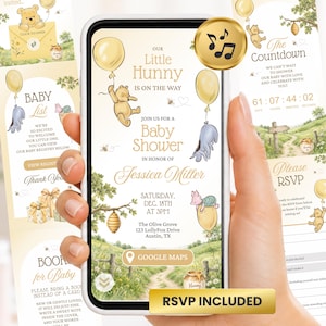 Winnie the Pooh Balloon Baby Shower Digital Invitation, RSVP Website, Yellow Gender Neutral, Canva WP17