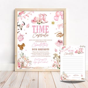 May include: A framed pink and beige time capsule sign with the text "Time Capsule" and "Charlotte's 18th Birthday." The sign features cowboy boots, a hat, balloons, and floral accents. A matching card is also included.
