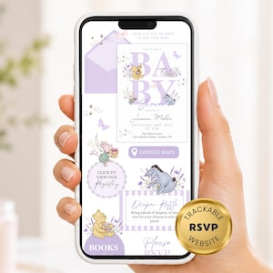 May include: A smartphone screen displaying a digital baby shower invitation with lavender accents, featuring illustrations of Winnie the Pooh characters, floral motifs, and text including Our Little Hunny Is On The Way, Baby Shower, Jessica Miller, Saturday, May 18th, and Google Maps.