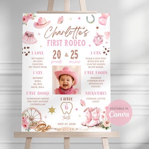 Editable Girl First Rodeo Milestone Sign with Photo Cowgirl 1st Birthday Milestone Board Western 1st Rodeo Growth Chart Poster Canva FR01