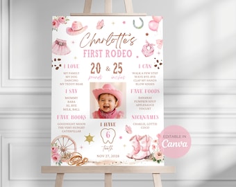May include: A pink and white "Charlotte's First Rodeo" sign on an easel. The sign includes a photo of a baby wearing a pink cowboy hat, and lists her weight as 20 pounds and height as 25 inches. The sign is editable in Canva.
