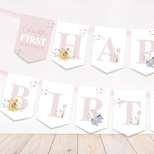 Editable Classic Winnie the Pooh Birthday Banner, Girl Party Decor, Pink Bunting Flags WP03