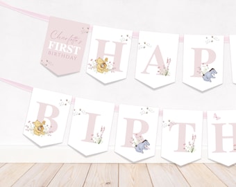 Editable Classic Winnie the Pooh Birthday Banner, Girl Party Decor, Pink Bunting Flags WP03