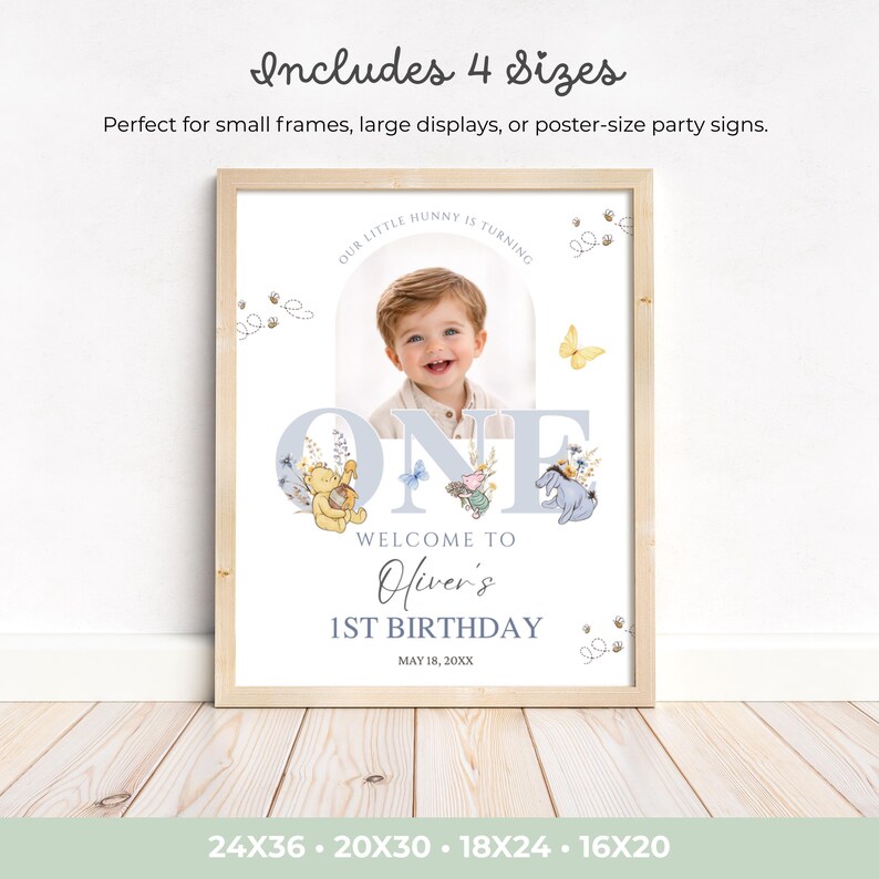 Classic Winnie the Pooh First Birthday Welcome Sign, Blue Boy Party Decor, Editable Canva WP04 image 4