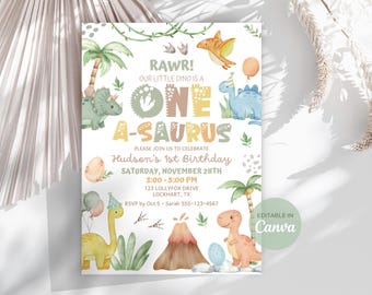 One-A-Saurus Dinosaur 1st Birthday Invitation Our Little Dino is One Dino First Birthday Invite Boy Dino Bday Party Instant Download DB01
