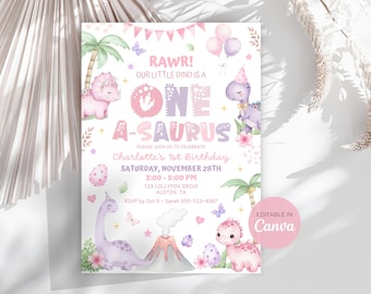 Girl Dinosaur 1st Birthday Invitation, Pink Little Dino is One-A-Saurus Party, Canva DB02
