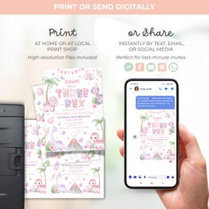 May include: A digital or printed invitation for a child's third birthday party. The invitation features a dinosaur theme with the text "RAWR! She's a THREE-REX". The design includes pink and purple dinosaurs, palm trees, and a volcano.