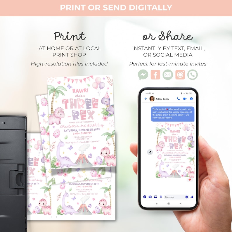 May include: A digital or printed invitation for a child's third birthday party. The invitation features a dinosaur theme with the text "RAWR! She's a THREE-REX". The design includes pink and purple dinosaurs, palm trees, and a volcano.