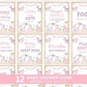 Girl Dinosaur Baby Shower Table Signs, Hatching Soon Bundle Sign, Editable Party Decor, Canva DB02